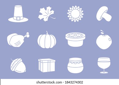 Thanksgiving day Icons set - Vector silhouettes of pumpkin, turkey, apple, pie, hat, wine and honey for the site or interface