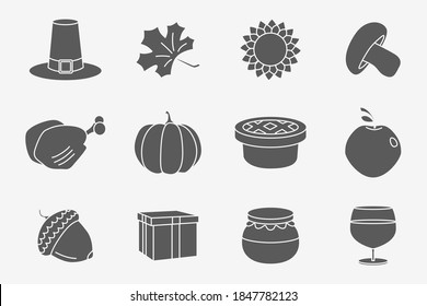 Thanksgiving day Icons set - Vector silhouettes of pumpkin, turkey, apple, pie, hat, wine and honey for the site or interface