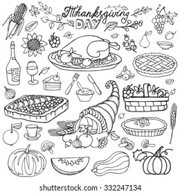 Thanksgiving Day Icons,doodle Food Set.Autumn Harvest Decor Elements.Hand Drawing Holiday Dinner Symbols And Cornucopia.Linear Vintage Vector Illustration.