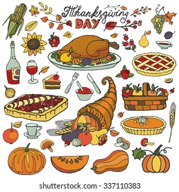 Thanksgiving day icons,doodle food set.Autumn harvest decor elements.Hand drawing holiday dinner symbols and cornucopia. Colorful vintage vector illustration.