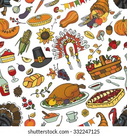 Thanksgiving day icons,doodle seamless pattern.Autumn harvest decor elements.Hand drawing holiday symbols in background,ornament. Colorful vintage vector illustration.