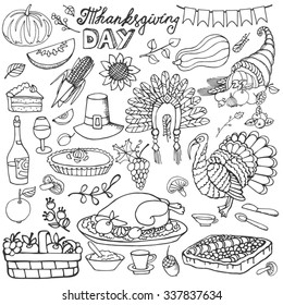 Thanksgiving day icons,doodle set.Autumn harvest decor elements.Hand drawing holiday symbols. Linear vintage vector illustration.