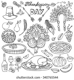 Thanksgiving day icons,doodle set.Autumn harvest decor elements.Hand drawing holiday symbols.Linear  vintage vector illustration.