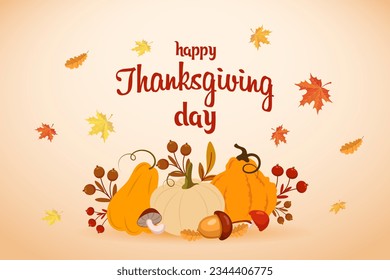 Thanksgiving Day illustration. Composition of pumpkins, autumn leaves, rowan and mushrooms. Greeting card, vector	
