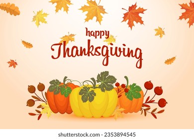 Thanksgiving Day illustration. Composition of pumpkins, autumn leaves, rowan and mushrooms. Greeting card, vector	