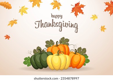 Thanksgiving-Day-Illustration. Zusammensetzung der Kürbisse, Herbstblätter, Rowan und Pilze. Grußkarte, Vektorgrafik	
