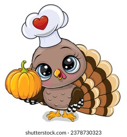 Thanksgiving day illustration of Cute Cartoon turkey bird holding a pumpkin