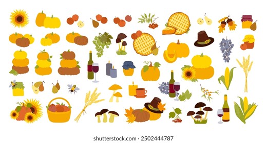 Thanksgiving Day illustration set. Pumpkins, autumn mushrooms and berries, fall harvest vegetables and fruits. Flat vector seasonal fall Happy Thanks giving illustrations isolated on white background.