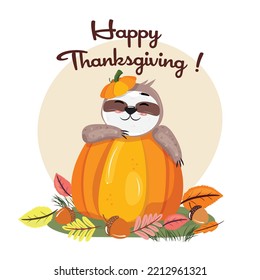 Thanksgiving day illustration with a sloth and pumpkin. Vector cartoon illustration.