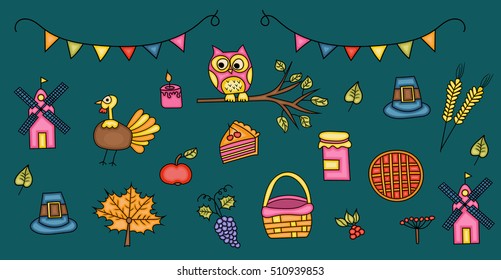 Thanksgiving Day image set. Fall harvest cartoon hand draw doodle colorful vector illustration. 