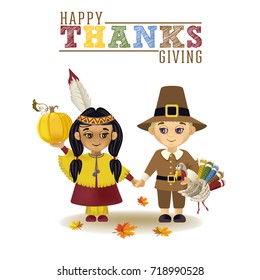 Thanksgiving Day. An Indian girl and a pilgrim boy are holding a pumpkin and a turkey in their hands.