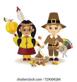 Thanksgiving Day. An Indian girl and a pilgrim boy are holding a pumpkin and a turkey in their hands.