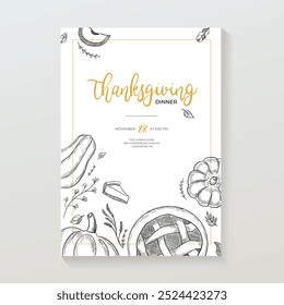 Thanksgiving Day Einladungskarte Design auf weißem Hintergrund. Kürbis, Kuchen, Herbstblätter. A4 Vektorgrafik für Poster, Banner, Sonderangebot.