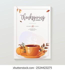 Thanksgiving Day invitation card design on the white background. Pumpkin, hot tea, autumn leaves. A4 vector illustration for poster, banner, special offer.