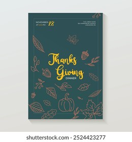 Thanksgiving Day invitation card design on a colorful background. Pumpkin, pie, autumn leaves. A4 vector illustration for poster, banner, special offer.