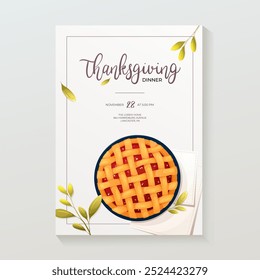 Thanksgiving Day invitation card design on the white backgrounds. Pumpkin pie, autumn leaves. A4 vector illustration for poster, banner, special offer.