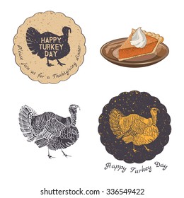 Thanksgiving Day invitation card vector design elements. Badges, silhouette and labels in Vintage Style. 