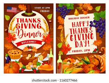 Thanksgiving Day invitation posters for traditional autumn holiday festival or dinner. Vector design of American flag, turkey, pumpkin with fruits harvest in cornucopia and autumn maple leaf