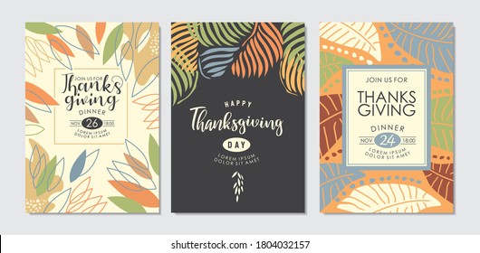 Thanksgiving day invitations and greeting cards collection with autumn floral shapes and leaves. Vector illustration.