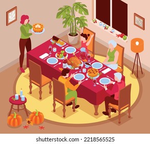 Thanksgiving day isometric background with family sitting at festive table with turkey and delicious food vector illustration