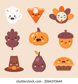 Thanksgiving Day kawaii style icon set