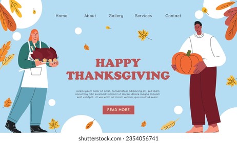 Thanksgiving day landing page. design template for websites, posters, banners. Happy Thanksgiving Day Food. Autumn Fall Season. Flat vector Illustration