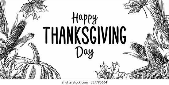 Thanksgiving day with leaves, pumpkin, corn cob, ear and spica. Engraving vintage vector black illustration. Isolated on white background. Hand drawn design element for label and poster