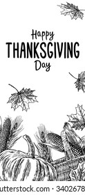 Thanksgiving day with leaves, pumpkin, corn cob, ear and spica.Engraving vintage vector black illustration. Isolated on white background. Hand drawn design element for label and poster 