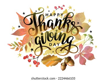 Thanksgiving Day lettering design with autumn background and leaves. Celebration handwritten phrase Happy Thanksgiving for greeting card, icon, logo or poster. Vector illustration.