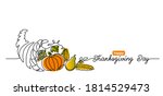 Thanksgiving Day line art background with horn of plenty, cornucopia and vegetables. Simple vector web banner. One continuous line drawing with lettering happy Thanksgiving Day.