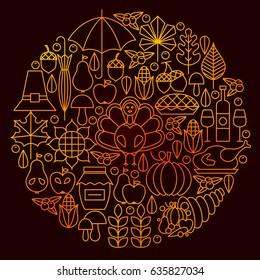 Thanksgiving Day Line Icon Circle Concept. Vector Illustration of Autumn Objects.