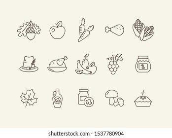 Thanksgiving day line icon set with food. Mushroom, turkey, jam, maple syrup. Thanksgiving concept. Can be used for topics like autumn, holiday, dinner, harvest