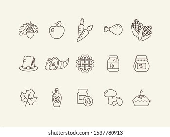Thanksgiving day line icon set with cornucopia. Pie, maize, fruits, vegetables. Thanksgiving concept. Can be used for topics like autumn, holiday, dinner, harvest