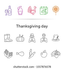 Thanksgiving day line icon set with praying people and food. Wine, pumpkin, acorn, carrot, hat, fruit. Thanksgiving concept. Can be used for topics like autumn, holiday, dinner, harvest