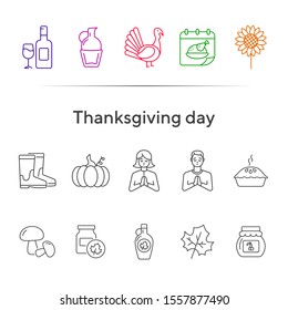Thanksgiving day line icon set with pumpkin pie and turkey cock. Sunflower, gumboots, maple syrup. Thanksgiving concept. Can be used for topics like autumn, holiday, dinner, harvest