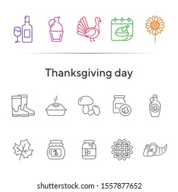 Thanksgiving day line icon set with wine, pie and turkey. Jars, bottles, maple leaf, food. Thanksgiving concept. Can be used for topics like autumn, holiday, dinner, harvest