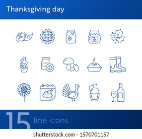 Thanksgiving day line icon set with wine, pie and turkey. Jars, bottles, maple leaf, food. Thanksgiving concept. Can be used for topics like autumn, holiday, dinner, harvest