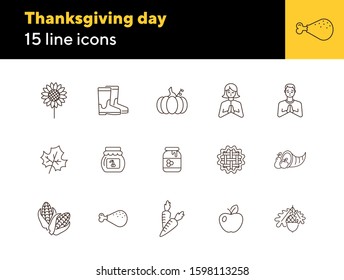 Thanksgiving day line icon set with acorn, pie and pumpkin. Pilgrim, honey, vegetable, fruit. Thanksgiving concept. Can be used for topics like autumn, holiday, dinner, harvest
