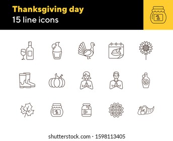 Thanksgiving day line icon set with people, wine and pumpkin. Turkey cock, cornucopia, pie, praying pilgrim. Thanksgiving concept. Can be used for topics like autumn, holiday, dinner, harvest