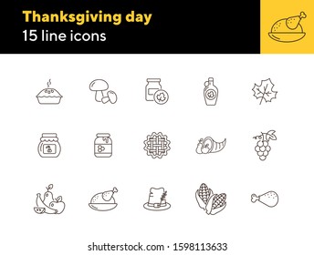 Thanksgiving day line icon set with pie and turkey. Jar of honey, grape, maize, hat, maple leaf. Thanksgiving concept. Can be used for topics like autumn, holiday, dinner, harvest