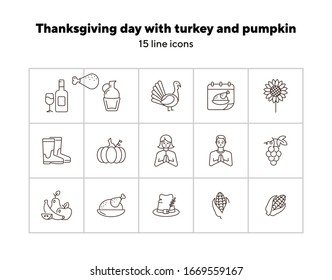 Thanksgiving day line icon set with turkey and pumpkin. Grape, maize, hat, vegetables. Thanksgiving concept. Can be used for topics like autumn, holiday, dinner, harvest
