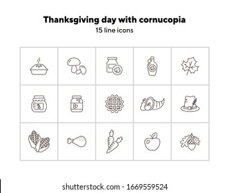 Thanksgiving day line icon set with cornucopia. Pie, maize, fruits, vegetables. Thanksgiving concept. Can be used for topics like autumn, holiday, dinner, harvest