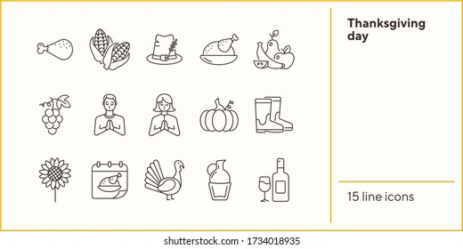 Thanksgiving day line icon set with turkey and pumpkin. Grape, maize, hat, vegetables. Thanksgiving concept. Can be used for topics like autumn, holiday, dinner, harvest