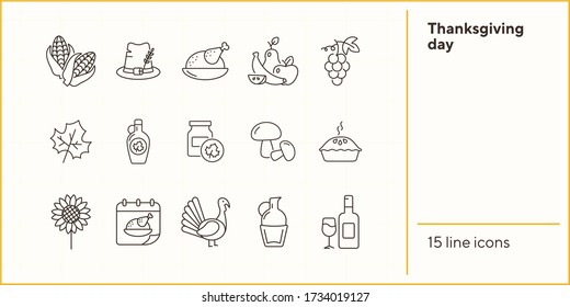 Thanksgiving day line icon set with turkey, pie and maple leaf. Corn, mushroom, food, dishes, wine. Thanksgiving concept. Can be used for topics like autumn, holiday, dinner, harvest