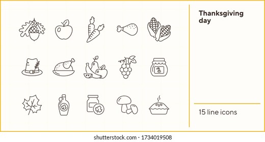Thanksgiving day line icon set with food. Mushroom, turkey, jam, maple syrup. Thanksgiving concept. Can be used for topics like autumn, holiday, dinner, harvest