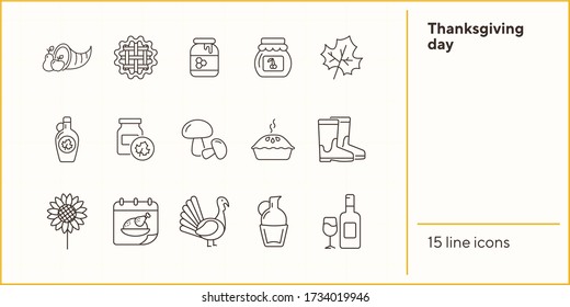 Thanksgiving day line icon set with wine, pie and turkey. Jars, bottles, maple leaf, food. Thanksgiving concept. Can be used for topics like autumn, holiday, dinner, harvest