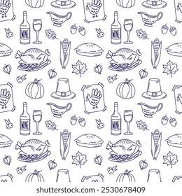 Thanksgiving day line seamless pattern with turkey, pumpkins, wine, pie, corn, cranberry sauce, leaves, pilgrim hat. Autumn vector hand drawn white background. November