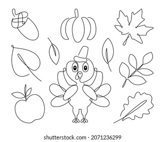 Thanksgiving Day line set. Simple vector illustrations: turkey, acorn, pumpkin, apple, autumn leaves. Isolated on white background.