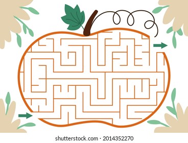 Thanksgiving Day maze for children. Autumn or Halloween holiday preschool printable activity. Fall geometric labyrinth game or puzzle shaped like pumpkin. Harvest themed page for kids
