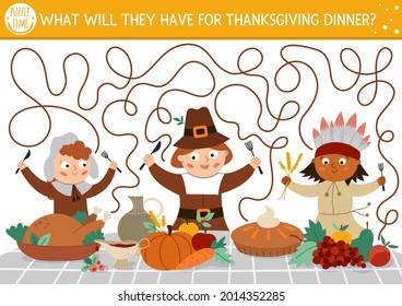 Thanksgiving Day maze for children. Autumn holiday preschool printable activity. Fall labyrinth game or puzzle with first Americans, native Indian, holiday festive food. What will they have for dinner